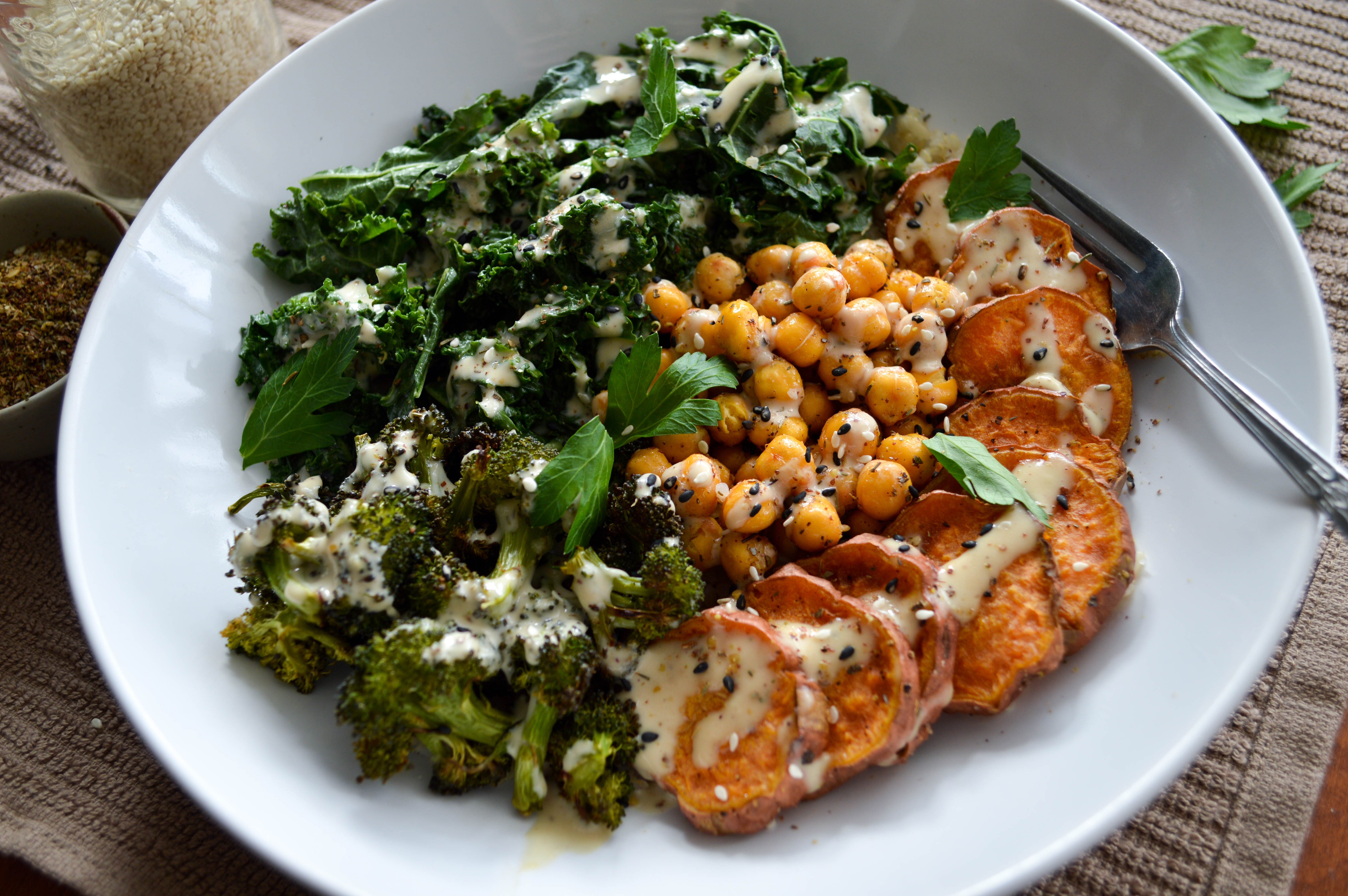 Roasted Chickpea Vegetable Bowl W Za’atar Tahini Sauce Sprouts And Chocolate